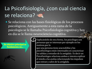 La Psicofisiología, ¿con cual ciencia
se relaciona?
 Se relaciona con las bases fisiológicas de los procesos
psicológicos. Antiguamente a esta rama de la
psicología se le llamaba Psicofisiología cognitiva y hoy
en día se le llama neurociencia cognitiva.
Explicándolo de otra forma, los psicólogos son
personas que se interesan por ejemplo en los
motivos por lo
que una persona tiene aracnofobia y los
psicofisiologos están interesados en caracterizar
las salidas y entradas de la amígdala. Es decir un
Psicofisiologos relaciona ambos e intenta explicar
el miedo a las arañas relacionando los impulsos
que entran y salen de la amígdala.
 