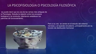 LA PSICOFISIOLOGIA O PSICOLOGÍA FILOSÓFICA
se puede decir que es una de las ramas más antiguas de
la Psicología. Estudia la relación entre los procesos
biológicos y la conducta, intentando establecer los
patrones de funcionamiento.
Pero a su vez se centra en el estudio del sistema
nervioso, y el aparato circulatorio, principalmente por su
función de distribución hormonal.
 