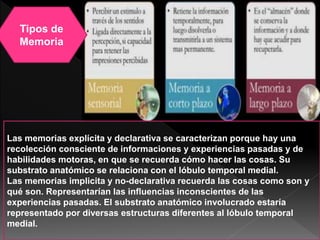 Tipos de
Memoria
Las memorias explícita y declarativa se caracterizan porque hay una
recolección consciente de informaciones y experiencias pasadas y de
habilidades motoras, en que se recuerda cómo hacer las cosas. Su
substrato anatómico se relaciona con el lóbulo temporal medial.
Las memorias implicita y no-declarativa recuerda las cosas como son y
qué son. Representarían las influencias inconscientes de las
experiencias pasadas. El substrato anatómico involucrado estaría
representado por diversas estructuras diferentes al lóbulo temporal
medial.
 