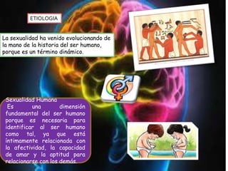 ETIOLOGIA
La sexualidad ha venido evolucionando de
la mano de la historia del ser humano,
porque es un término dinámico.
Sexualidad Humana
Es una dimensión
fundamental del ser humano
porque es necesaria para
identificar al ser humano
como tal, ya que está
íntimamente relacionada con
la afectividad, la capacidad
de amar y la aptitud para
relacionarse con los demás.
 
