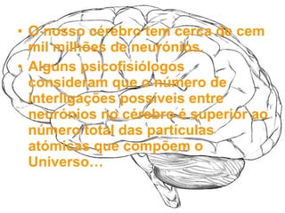O nosso cérebro tem cerca de cem mil milhões de neurónios. Alguns psicofisiólogos consideram que o número de interligações possíveis entre neurónios no cérebro é superior ao número total das partículas atómicas que compõem o Universo… 