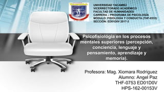 Psicofisiológia en los procesos
mentales superiores (percepción,
conciencia, lenguaje y
pensamiento, aprendizaje y
memoria).
Profesora: Mag. Xiomara Rodriguez
Alumno: Angel Paz
THF-0753 ED01D0V
HPS-162-00153V
UNIVERSIDAD YACAMBÚ
VICERRECTORADO ACADÉMICO
FACULTAD DE HUMANIDADES
CARRERA – PROGRAMA DE PSICOLOGÍA
MÓDULO: FISIOLOGÍA Y CONDUCTA (THF-0333)
SECCIÓN: ED01D0V 2017-3
 