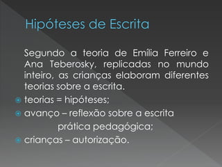 Segundo a teoria de Emília Ferreiro e
  Ana Teberosky, replicadas no mundo
  inteiro, as crianças elaboram diferentes
  teorias sobre a escrita.
 teorias = hipóteses;
 avanço – reflexão sobre a escrita
           prática pedagógica;
 crianças – autorização.
 