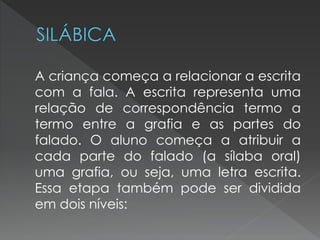 A criança começa a relacionar a escrita
com a fala. A escrita representa uma
relação de correspondência termo a
termo entre a grafia e as partes do
falado. O aluno começa a atribuir a
cada parte do falado (a sílaba oral)
uma grafia, ou seja, uma letra escrita.
Essa etapa também pode ser dividida
em dois níveis:
 