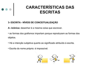 CARACTERÍSTICAS DAS
                       ESCRITAS

3- ESCRITA - NÍVEIS DE CONCEITUALIZAÇÃO

A –Icônica: desenhar é a mesma coisa que escrever.

• as formas dos grafismos importam porque reproduzem as formas dos
objetos.

• Há a intenção subjetiva quanto ao significado atribuído à escrita.

• Escrita do nome próprio: é impossível.
 