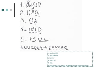 1- BRIGADEIRO
2- ROCAMBOLE
3-TORTA
4- PIRULITO
5- MEL
6- QUERO MUITOS DOCES NA MINHA FESTA DE ANIVERSÁRIO.
 