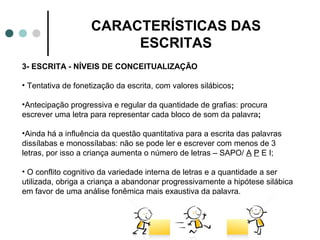 CARACTERÍSTICAS DAS
                        ESCRITAS
3- ESCRITA - NÍVEIS DE CONCEITUALIZAÇÃO

• Tentativa de fonetização da escrita, com valores silábicos;

•Antecipação progressiva e regular da quantidade de grafias: procura
escrever uma letra para representar cada bloco de som da palavra;

•Ainda há a influência da questão quantitativa para a escrita das palavras
dissílabas e monossílabas: não se pode ler e escrever com menos de 3
letras, por isso a criança aumenta o número de letras – SAPO/ A P E I;

• O conflito cognitivo da variedade interna de letras e a quantidade a ser
utilizada, obriga a criança a abandonar progressivamente a hipótese silábica
em favor de uma análise fonêmica mais exaustiva da palavra.
 