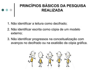 PRINCÍPIOS BÁSICOS DA PESQUISA
                   REALIZADA


1. Não identificar a leitura como decifrado;
2. Não identificar escrita como cópia de um modelo
   externo;
3. Não identificar progressos na conceitualização com
   avanços no decifrado ou na exatidão da cópia gráfica.
 