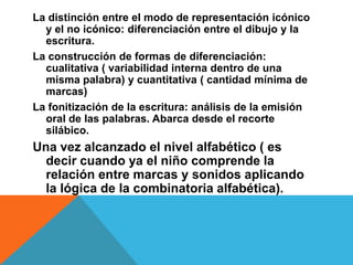 La distinción entre el modo de representación icónico
y el no icónico: diferenciación entre el dibujo y la
escritura.
La construcción de formas de diferenciación:
cualitativa ( variabilidad interna dentro de una
misma palabra) y cuantitativa ( cantidad mínima de
marcas)
La fonitización de la escritura: análisis de la emisión
oral de las palabras. Abarca desde el recorte
silábico.
Una vez alcanzado el nivel alfabético ( es
decir cuando ya el niño comprende la
relación entre marcas y sonidos aplicando
la lógica de la combinatoria alfabética).
 