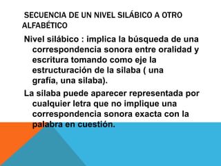 SECUENCIA DE UN NIVEL SILÁBICO A OTRO
ALFABÉTICO
Nivel silábico : implica la búsqueda de una
correspondencia sonora entre oralidad y
escritura tomando como eje la
estructuración de la silaba ( una
grafía, una silaba).
La silaba puede aparecer representada por
cualquier letra que no implique una
correspondencia sonora exacta con la
palabra en cuestión.
 