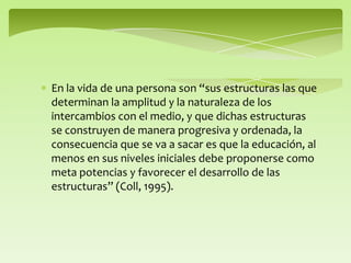 En la vida de una persona son “sus estructuras las que
determinan la amplitud y la naturaleza de los
intercambios con el medio, y que dichas estructuras
se construyen de manera progresiva y ordenada, la
consecuencia que se va a sacar es que la educación, al
menos en sus niveles iniciales debe proponerse como
meta potencias y favorecer el desarrollo de las
estructuras” (Coll, 1995).
 