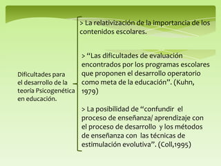 Dificultades para
el desarrollo de la
teoría Psicogenética
en educación.
> La relativización de la importancia de los
contenidos escolares.
> “Las dificultades de evaluación
encontrados por los programas escolares
que proponen el desarrollo operatorio
como meta de la educación”. (Kuhn,
1979)
> La posibilidad de “confundir el
proceso de enseñanza/ aprendizaje con
el proceso de desarrollo y los métodos
de enseñanza con las técnicas de
estimulación evolutiva”. (Coll,1995)
 