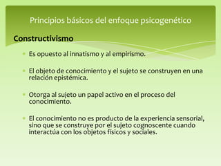 Es opuesto al innatismo y al empirismo.
El objeto de conocimiento y el sujeto se construyen en una
relación epistémica.
Otorga al sujeto un papel activo en el proceso del
conocimiento.
El conocimiento no es producto de la experiencia sensorial,
sino que se construye por el sujeto cognoscente cuando
interactúa con los objetos físicos y sociales.
Principios básicos del enfoque psicogenético
Constructivismo
 