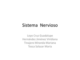 Sistema Nervioso
Loyo Cruz Guadalupe
Hernández Jiménez Viridiana
Tinajero Miranda Mariana
Tosca Salazar María
 