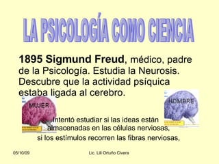 1895 Sigmund Freud ,  médico, padre de la Psicología. Estudia la Neurosis. Descubre que la actividad psíquica estaba ligada al cerebro. Intentó estudiar si las ideas están  almacenadas en las células nerviosas,  si los estímulos recorren las fibras nerviosas,  LA PSICOLOGÍA COMO CIENCIA 