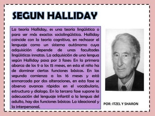 La teoría Halliday, es una teoría lingüística o
para ser más exactos sociolingüística. Halliday
coincide con la teoría cognitiva, en rechazar el
lenguaje como un sistema autónomo cuya
adquisición depende de unas facultades
lingüísticas innatas. La adquisición de una lengua
según Halliday pasa por 3 fases: En la primera
abarca de los 9 a los 15 meses, en esta el niño ha
de dominar ciertas funciones básicas. En las
segunda comienza a los 16 meses y está
enmarcada por dos alteraciones, en esta fase se
observa avances rápidos en el vocabulario,
estructura y dialogo. En la tercera fase supone la
adecuación del lenguaje infantil a la lengua del
adulto, hay dos funciones básicas: La ideacional y
la interpersonal.
SEGUN HALLIDAY
POR: ITZEL Y SHARON
 