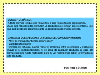 CONCEPTOS BÁSICOS
A todo estímulo le sigue una respuesta y a esta respuesta una consecuencia.
¿Cuál es la reacción a los estímulos? La conducta no es ningún proceso interno, sino
que es la acción del organismo ante las condiciones del mundo exterior.
VARIABLES QUE AFECTAN A LA FUERZA DEL CONDICIONAMIENTO
-Nivel de motivación:”tiempo de privación”
-Cantidad de refuerzo
-Demora del refuerzo, cuanto menor es el tiempo entre la conducta y el refuerzo
mayor es el condicionamiento. Si yo privo de cualquier conducta, al cabo del
tiempo será una fuerte motivación para él. Las recompensas deben ser inmediatas
a la conducta.
POR: ITZEL Y SHARON
 