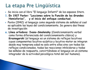 Panorama de fundación 1954 Actas del simposio sobre Lenguaje (U. de Indiana , 1953): “Psicolingüística” por el Ps. Osgood (1954), su objetivo es establecer las relaciones entre los estados de los mensajes verbales y los estados de los comunicantes que relacionan e interpretan aquellos. Bronckart (1980) lo definió “estudio de los aspectos de la encodificacion, a través de los cuales las intenciones de los hablantes se transforman en señales de un código aceptado culturalmente, y paralelamente de cómo esas señales se convierten en interpretaciones para los oyentes”.Las características de los mensajes: técnicas de la lingüística estructuralMetodología de las aplicaciones de las unidades lingüísticas: carácter psicológico de estudio experimental del comportamiento.