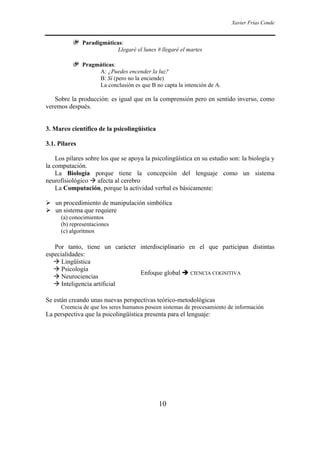 Xavier Frías Conde


           ❦   Paradigmáticas:
                            Llegaré el lunes # llegaré el martes

           ❦   Pragmáticas:
                    A: ¿Puedes encender la luz?
                    B: Sí (pero no la enciende)
                    La conclusión es que B no capta la intención de A.

   Sobre la producción: es igual que en la comprensión pero en sentido inverso, como
veremos después.


3. Marco científico de la psicolingüística

3.1. Pilares

    Los pilares sobre los que se apoya la psicolingüística en su estudio son: la biología y
la computación.
    La Biología porque tiene la concepción del lenguaje como un sistema
neurofisiológico afecta al cerebro
    La Computación, porque la actividad verbal es básicamente:

   un procedimiento de manipulación simbólica
   un sistema que requiere
      (a) conocimientos
      (b) representaciones
      (c) algoritmos

   Por tanto, tiene un carácter interdisciplinario en el que participan distintas
especialidades:
      Lingüística
      Psicología
                                Enfoque global     CIENCIA COGNITIVA
      Neurociencias
      Inteligencia artificial

Se están creando unas nuevas perspectivas teórico-metodológicas
      Creencia de que los seres humanos poseen sistemas de procesamiento de información
La perspectiva que la psicolingüística presenta para el lenguaje:




                                              10
 
