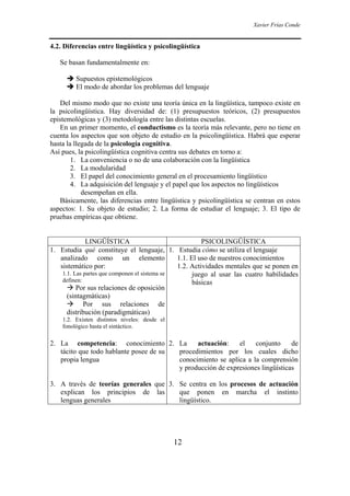 Xavier Frías Conde


4.2. Diferencias entre lingüística y psicolingüística

   Se basan fundamentalmente en:

         Supuestos epistemológicos
         El modo de abordar los problemas del lenguaje

   Del mismo modo que no existe una teoría única en la lingüística, tampoco existe en
la psicolingüística. Hay diversidad de: (1) presupuestos teóricos, (2) presupuestos
epistemológicas y (3) metodología entre las distintas escuelas.
   En un primer momento, el conductismo es la teoría más relevante, pero no tiene en
cuenta los aspectos que son objeto de estudio en la psicolingüística. Habrá que esperar
hasta la llegada de la psicología cognitiva.
Así pues, la psicolingüística cognitiva centra sus debates en torno a:
        1. La conveniencia o no de una colaboración con la lingüística
        2. La modularidad
        3. El papel del conocimiento general en el procesamiento lingüístico
        4. La adquisición del lenguaje y el papel que los aspectos no lingüísticos
            desempeñan en ella.
   Básicamente, las diferencias entre lingüística y psicolingüística se centran en estos
aspectos: 1. Su objeto de estudio; 2. La forma de estudiar el lenguaje; 3. El tipo de
pruebas empíricas que obtiene.


              LINGÜÍSTICA                               PSICOLINGÜÍSTICA
1. Estudia qué constituye el lenguaje, 1. Estudia cómo se utiliza el lenguaje
   analizado como un elemento                  1.1. El uso de nuestros conocimientos
   sistemático por:                            1.2. Actividades mentales que se ponen en
    1.1. Las partes que componen el sistema se       juego al usar las cuatro habilidades
    definen:                                         básicas
          Por sus relaciones de oposición
      (sintagmáticas)
             Por sus relaciones de
      distribución (paradigmáticas)
    1.2. Existen distintos niveles: desde el
    fonológico hasta el sintáctico.

2. La competencia: conocimiento 2. La         actuación:    el    conjunto     de
   tácito que todo hablante posee de su procedimientos por los cuales dicho
   propia lengua                        conocimiento se aplica a la comprensión
                                        y producción de expresiones lingüísticas

3. A través de teorías generales que 3. Se centra en los procesos de actuación
   explican los principios de las       que ponen en marcha el instinto
   lenguas generales                    lingüístico.




                                               12
 