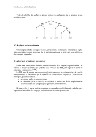 Introducción a la Psicolingüística




   Todo el árbol ha de acabar en piezas léxicas. La aplicación de lo anterior a una
oración nos da:
                                            O

                                      SN        Aux           SV

                                 D         N              V             SN

                                                                   D         N

                                 El    niño         -ía   com-     el        pan


3.3. Reglas transformacionales

    Una vez presentadas las reglas básicas, en la sintaxis suelen darse otra serie de reglas
más complejas. La más conocida fue la transformación de la activa en pasiva (hoy en
día esto está superado).


4. La teoría de principios y parámetros

     En los años 80 se da una auténtica revolución dentro de la lingüística generativista. Las
críticas al modelo estándar, que ya había sido revisado en 1965, dan lugar a la teoría de
principios y parámetros (TPP).
     La TTP trata de aportar una mayor simplicidad respecto a la teoría estándar. Se cambia
completamente el formato en que se especifica el conocimiento lingüístico. Como nuevos
principios, podemos señalar:
       • no existen reglas ni construcciones
       • su contenido (el de la sintaxis) se deriva de la interacción de las propiedades de
          las unidades léxicas con principios generales parametrizados.

    De este modo, el nuevo modelo propuesto, comparado con el de la teoría estándar, para
representar la realidad del lenguaje, resulta bastante diferente y novedoso:




                                               25
 