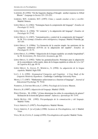 Introducción a la Psicolingüística


LARDIERE, D. (1992): “On the linguistic shaping of thought: another response to Alfred
   Bloom.” Language in Society 221: 231-251.
LEBRERO, M.P.; LEBRERO, M.T. (1997): Cómo y cuando enseñar a leer y escribir.
   Madrid: Síntesis.
LÓPEZ ORNAT, S. (1982): “Estrategias hacia la comprensión del lenguaje”. Estudios de
   Psicología 12: 14-32.
LÓPEZ ORNAT, S. (1984): “El ‘contexto’ y la adquisición del lenguaje”. Estudios de
   Psicología 18: 27-42.
LÓPEZ ORNAT, S. (1987): “Automatización y control de la comprensión del lenguaje”.
   In: M. YELA (comp.): Estudios sobre inteligencia y lenguaje. Madrid: Pirámide, pp.
   167-185.
LÓPEZ ORNAT, S. (1990a): “La formación de la oración simple: las omisiones de las
   categorías sintácticas (S/V/O) en la adquisición del español”. Estudios de
   Psicología 41: 41-72.
LÓPEZ ORNAT, S. (1990b): “Adquisición de la lengua española: un estudio longitudinal”.
   In: W. SCHNEIDER y W. EDELSTEIN: Inventario, pp. 525.
LÓPEZ ORNAT, S. (1992): “Sobre las gramaticalización. Prototipos para la adquisición
   de la concordancia verbo-sujeto: datos de la lengua española en niños de 1,6 a 3,6”
   in Cognitiva 4(1), pp. 49-74.
LÓPEZ ORNAT, S., GALLO, P., MARISCAL, S. (1994): La adquisición de la lengua
   española. Madrid: Siglo XXI.
LUCY, J. A. (1992) Grammatical Categories and Cognition: A Case Study of the
   Linguistic Relativity Hypothesis. Cambridge: Cambridge University Press.
MIURA, I. T. (1987) “Mathematics achievement as a function of language”. Journal of
   Educational Psychology 79: 79-82.
NARBONA, J; CHEVRIE-MULLER, C. (1991): Psicología de la lectura. Masson.
PERAITA, H. (19892): Adquisición del lenguaje. Madrid: UNED.
PÉREZ PEREIRA, M. (1990): “¿Cómo determinan los niños la concordancia de género?
   Refutación de la teoría del género natural”. Infancia y Aprendizaje 50: 73-91.
SERÓN MUÑOZ, J.M.            (1992): Psicopedagogía de la comunicación y del lenguaje.
   Madrid: Trotta.
VALLE ARROYO, F. (19922): Psicolingüística. Madrid: Morata.
VALLE ARROYO, F. [et al.] (eds.) (1990): Lecturas de Psicolingüística, vol. I. Madrid:
   Visor.
VEGA, M. DE; CUETO, F. (comp.) (1999): Psicolingüística del español. Madrid: Trotta.


                                              37
 