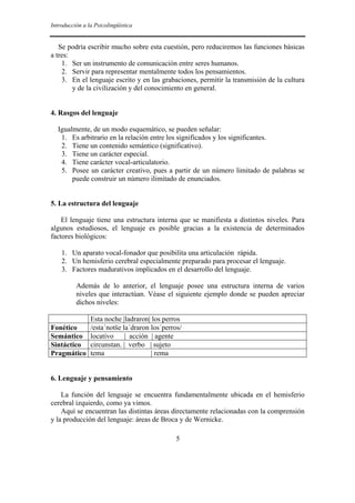 Introducción a la Psicolingüística


   Se podría escribir mucho sobre esta cuestión, pero reduciremos las funciones básicas
a tres:
    1. Ser un instrumento de comunicación entre seres humanos.
    2. Servir para representar mentalmente todos los pensamientos.
    3. En el lenguaje escrito y en las grabaciones, permitir la transmisión de la cultura
        y de la civilización y del conocimiento en general.


4. Rasgos del lenguaje

  Igualmente, de un modo esquemático, se pueden señalar:
   1. Es arbitrario en la relación entre los significados y los significantes.
   2. Tiene un contenido semántico (significativo).
   3. Tiene un carácter especial.
   4. Tiene carácter vocal-articulatorio.
   5. Posee un carácter creativo, pues a partir de un número limitado de palabras se
       puede construir un número ilimitado de enunciados.


5. La estructura del lenguaje

    El lenguaje tiene una estructura interna que se manifiesta a distintos niveles. Para
algunos estudiosos, el lenguaje es posible gracias a la existencia de determinados
factores biológicos:

    1. Un aparato vocal-fonador que posibilita una articulación rápida.
    2. Un hemisferio cerebral especialmente preparado para procesar el lenguaje.
    3. Factores madurativos implicados en el desarrollo del lenguaje.

          Además de lo anterior, el lenguaje posee una estructura interna de varios
          niveles que interactúan. Véase el siguiente ejemplo donde se pueden apreciar
          dichos niveles:

           Esta noche |ladraron| los perros
Fonético   /esta´notše la´draron los´perros/
Semántico locativo | acción | agente
Sintáctico circunstan. | verbo | sujeto
Pragmático tema                  | rema


6. Lenguaje y pensamiento

    La función del lenguaje se encuentra fundamentalmente ubicada en el hemisferio
cerebral izquierdo, como ya vimos.
    Aquí se encuentran las distintas áreas directamente relacionadas con la comprensión
y la producción del lenguaje: áreas de Broca y de Wernicke.

                                           5
 