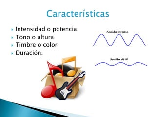    Intensidad o potencia
   Tono o altura
   Timbre o color
   Duración.
 