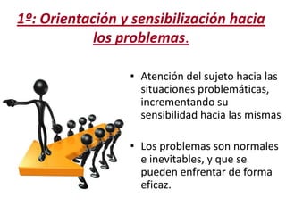 1º: Orientación y sensibilización hacia
los problemas.
• Atención del sujeto hacia las
situaciones problemáticas,
incrementando su
sensibilidad hacia las mismas
• Los problemas son normales
e inevitables, y que se
pueden enfrentar de forma
eficaz.

 