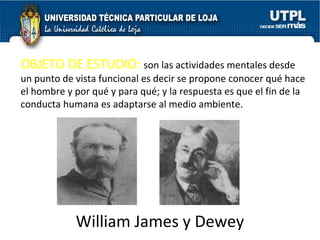William James y Dewey OBJETO DE ESTUDIO:  son las actividades mentales desde un punto de vista funcional es decir se propone conocer qué hace el hombre y por qué y para qué; y la respuesta es que el fin de la conducta humana es adaptarse al medio ambiente. 