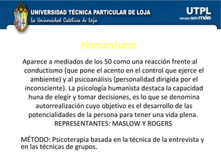Humanismo Aparece a mediados de los 50 como una reacción frente al conductismo (que pone el acento en el control que ejerce el ambiente) y al psicoanálisis (personalidad dirigida por el inconsciente). La psicología humanista destaca la capacidad huna de elegir y tomar decisiones, es lo que se denomina autorrealización cuyo objetivo es el desarrollo de las potencialidades de la persona para tener una vida plena.  REPRESENTANTES: MASLOW Y ROGERS  MÉTODO: Psicoterapia basada en la técnica de la entrevista y en las técnicas de grupos.  