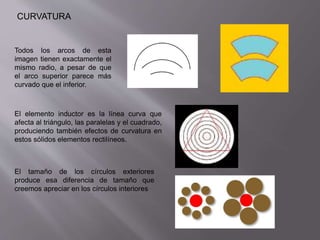 CURVATURA 
Todos los arcos de esta 
imagen tienen exactamente el 
mismo radio, a pesar de que 
el arco superior parece más 
curvado que el inferior. 
El elemento inductor es la línea curva que 
afecta al triángulo, las paralelas y el cuadrado, 
produciendo también efectos de curvatura en 
estos sólidos elementos rectilíneos. 
El tamaño de los círculos exteriores 
produce esa diferencia de tamaño que 
creemos apreciar en los círculos interiores 
 