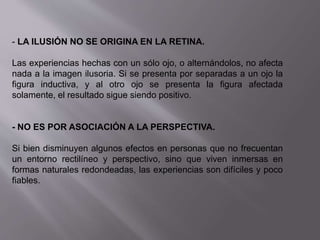 - LA ILUSIÓN NO SE ORIGINA EN LA RETINA. 
Las experiencias hechas con un sólo ojo, o alternándolos, no afecta 
nada a la imagen ilusoria. Si se presenta por separadas a un ojo la 
figura inductiva, y al otro ojo se presenta la figura afectada 
solamente, el resultado sigue siendo positivo. 
- NO ES POR ASOCIACIÓN A LA PERSPECTIVA. 
Si bien disminuyen algunos efectos en personas que no frecuentan 
un entorno rectilíneo y perspectivo, sino que viven inmersas en 
formas naturales redondeadas, las experiencias son difíciles y poco 
fiables. 
 