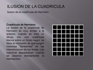 ILUSION DE LA CUADRICULA 
Ilusion de la cuadrícula de Hermann. 
Cuadrícula de Hermann 
La ilusión de la cuadrícula de 
Hermann es muy similar a la 
anterior, cuando se mira un 
dibujo con una cuadrícula 
blanca sobre un fondo negro, se 
tiene la impresión de que surgen 
manchas "fantasmas" en las 
intersecciones de las líneas. Las 
manchas desaparecen cuando 
se observa directamente la 
intersección. 
 