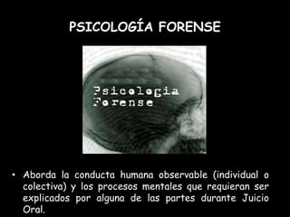 PSICOLOGÍA FORENSE




• Aborda la conducta humana observable (individual o
  colectiva) y los procesos mentales que requieran ser
  explicados por alguna de las partes durante Juicio
  Oral.
 
