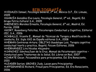 BIBLIOGRAFÍA
VIDALES Ismael, Psicología General, 2ª ed., México D.F., Ed. Limusa,
2005
GARCÍA González Eva Laura, Psicología General, 2ª ed., Bogotá, Ed.
Grupo Patria Cultural S.A., 2005
MENESES Morales Ernesto, Psicología General, 6ª ed., Madrid, Ed.
Porrúa, 2008
KORT, Rosenberg Felicitas, Psicoterapia Conductual y Cognitiva, Editorial
CEC, S.A., 2006
CABALLO, Vicente E., Manual de Técnicas de Terapia y Modificación de
conducta, Ed. Siglo XXI de España editores S.A., 2008
HEMAN Contreras Arturo; OBLITAS Guadalupe Luis, Terapia cognitivo
conductual teoría y practica, Bogotá. Psicom Editores, 2006
HERNÁNDEZ Lira Nicolas Alejandro
SÁNCHEZ SánchezJuan de la Cruz, Manual de Psicoterapia cognitivo –
Conductual para Trastornos de la Salud, Ed. Libros en Red, 2007
ZARATE Oscar, Psicoanálisis para principiantes, Ed. Era Renaciente,
2001
LEADER Darian; GROVES Judy, Lacan para Principiantes
APPIGNANESI Richard, Freud para Principiantes, Ed. Era Renaciente,
2006
 