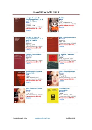 FONOAUDIOLOGÍA CHILE

                  Los ojos de Laura. El                 El Edipo
                  concepto de objeto a en la            Nasio
                  teoría de J. Lacan                    Paidós
                  Nasio                                 1º Ed. 3º (reimp.) 2011
                  Amorrortu                             Precio referencia: $19.500
                  2° (Reimp.) 2006                      Precio internet: $18.525
                  Precio referencia: $14.400            Comprar
                  Precio internet: $13.680
                  Comprar




                  Los ojos de Laura. El                 Vejez y pulsión de muerte
                  concepto de objeto a en la            Péruchon
                  teoría de J. Lacan                    Amorrortu
                  Nasio                                 1° Ed. 1992
                  Amorrortu                             Precio referencia: $17.500
                  2° (Reimp.) 2006                      Precio internet: $16.625
                  Precio referencia: $14.400            Comprar
                  Precio internet: $13.680
                  Comprar


                  Pediatría y psicoanálisis             El paciente y el analista
                  Raimbault                             Sandler
                  Amorrortu                             Paidós
                  1991                                  2º ED. 4º(REIMP.) 2007
                  Precio referencia: $13.800            Precio referencia: $22.500
                  Precio internet: $13.110              Precio internet: $21.375
                  Comprar                               Comprar




                  Introducción a la obra de             Dolor Orofacial y Cefalea
                  Melanie Klein                         Sharaw
                  Segal                                 Elsevier
                  Paidós                                1 ª ed. 2010
                  1º Ed. 19º(reimp.) 2012               Precio referencia: $52.300
                  Precio referencia: $21.900            Precio internet: $49.685
                  Precio internet: $20.805              Comprar
                  Comprar




                  Dolor Orofacial y Cefalea             Curso básico de
                  Sharaw                                psicoanálisis
                  Elsevier                              Tallaferro
                  1 ª ed. 2010                          Paidós
                  Precio referencia: $52.300            1º Ed. 17º(reimp.) 2010
                  Precio internet: $49.685              Precio referencia: $28.500
                  Comprar                               Precio internet: $27.075
                                                        Comprar




Fonoaudiología Chile              logopedia@ymail.com                  09-95562838
 