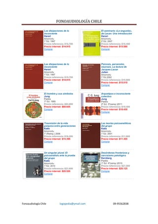 FONOAUDIOLOGÍA CHILE

                  Las disipaciones de lo               El seminario «La angustia»,
                  inconciente                          de Lacan: Una introducción
                  Harari                               Harari
                  Amorrortu                            Amorrortu
                  1° Ed. 1997                          2° Ed. 2007
                  Precio referencia: $15.700           Precio referencia: $16.400
                  Precio internet: $14.915             Precio internet: $15.580
                  Comprar                              Comprar




                  Las disipaciones de lo               Psicosis, perversión,
                  inconciente                          neurosis. La lectura de
                  Harari                               Jacques Lacan
                  Amorrortu                            Julien
                  1° Ed. 1997                          Amorrortu
                  Precio referencia: $15.700           1° Ed.2002
                  Precio internet: $14.915             Precio referencia: $15.800
                  Comprar                              Precio internet: $15.010
                                                       Comprar


                  El hombre y sus símbolos             Arquetipos e inconsciente
                  Jung                                 colectivo
                  Paidós                               Jung
                  1º Ed. 1995                          Paidós
                  Precio referencia: $84.900           2º Ed. 3º(reimp.)2011
                  Precio internet: $80.655             Precio referencia: $19.400
                  Comprar                              Precio internet: $18.430
                                                       Comprar




                  Trasmisión de la vida                Las teorías psicoanalíticas
                  psíquica entre generaciones          del grupo
                  Kaës                                 Kaës
                  Amorrortu                            Amorrortu
                  1° (Reimp.) 2006                     1° Ed. 2001
                  Precio referencia: $16.200           Precio referencia: $11.900
                  Precio internet: $15.390             Precio internet: $11.305
                  Comprar                              Comprar




                  Un singular plural. El               Desórdenes fronterizos y
                  psicoanálisis ante la prueba         narcisismo patológico
                  del grupo                            Kernberg
                  Kaës                                 Paidós
                  Amorrortu                            1º Ed. 4º(reimp.)2010
                  1° Ed. 2010                          Precio referencia: $27.500
                  Precio referencia: $21.600           Precio internet: $26.125
                  Precio internet: $20.520             Comprar
                  Comprar




Fonoaudiología Chile             logopedia@ymail.com                 09-95562838
 