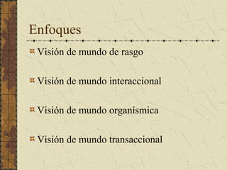 Enfoques
 Visión de mundo de rasgo

 Visión de mundo interaccional

 Visión de mundo organísmica

 Visión de mundo transaccional
 