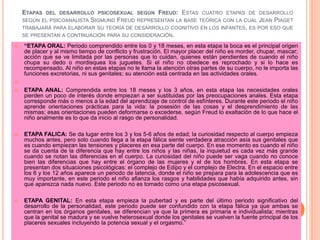 ETAPAS DEL DESARROLLO PSICOSEXUAL SEGÚN FREUD: ESTAS CUATRO ETAPAS DE DESARROLLO
SEGÚN EL PSICOANALISTA SIGMUND FREUD REPRESENTAN LA BASE TEÓRICA CON LA CUAL JEAN PIAGET
TRABAJARÁ PARA ELABORAR SU TEORÍA DE DESARROLLO COGNITIVO EN LOS INFANTES, ES POR ESO QUE
SE PRESENTAN A CONTINUACIÓN PARA SU CONSIDERACIÓN.
 “ETAPA ORAL: Periodo comprendido entre los 0 y 18 meses, en esta etapa la boca es el principal origen
de placer y al mismo tiempo de conflicto y frustración. El mayor placer del niño es morder, chupar, mascar;
acción que se ve limitada por las personas que lo cuidan, quienes están pendientes de cuando el niño
chupa su dedo o mordisquea los juguetes. Si el niño no obedece es reprochado y si lo hace es
recompensado. Al niño en estas etapas no le llama la atención otras partes de su cuerpo, no le importa las
funciones excretorias, ni sus genitales; su atención está centrada en las actividades orales.

 ETAPA ANAL: Comprendida entre los 18 meses y los 3 años, en esta etapa las necesidades orales
pierden un poco de interés donde empiezan a ser sustituidas por las preocupaciones anales. Esta etapa
corresponde más o menos a la edad del aprendizaje de control de esfínteres. Durante este periodo el niño
aprende orientaciones prácticas para la vida: la posesión de las cosas y el desprendimiento de las
mismas; esas orientaciones pueden deformarse o excederse, según Freud lo exaltación de lo que hace el
niño analmente es lo que da inicio al rasgo de personalidad.
 ETAPA FALICA: Se da lugar entre los 3 y los 5-6 años de edad; la curiosidad respecto al cuerpo empieza
muchos antes, pero solo cuando llega a la etapa fálica siente verdadera atracción asía sus genitales que
es cuando empiezan las tensiones y placeres en esa parte del cuerpo. En ese momento es cuando el niño
se da cuenta de la diferencia que hay entre los niños y las niñas, la inquietud es cada vez más grande
cuando se notan las diferencias en el cuerpo. La curiosidad del niño puede ser vaga cuando no conoce
bien las diferencias que hay entre el órgano de las mujeres y el de los hombres. En esta etapa se
presentan dos situaciones psicológicas: el complejo de Edipo y el complejo de Electra. En el espacio entre
los 6 y los 12 años aparece un periodo de latencia, donde el niño se prepara para la adolescencia que es
muy importante, en este periodo el niño afianza los rasgos y habilidades que había adquirido antes, sin
que aparezca nada nuevo. Este periodo no es tomado como una etapa psicosexual.
 ETAPA GENITAL: En esta etapa empieza la pubertad y es parte del último periodo significativo del
desarrollo de la personalidad, este periodo puede ser confundido con la etapa fálica ya que ambas se
centran en los órganos genitales, se diferencian ya que la primera es primaria e individualista; mientras
que la genital se madura y se vuelve heterosexual donde los genitales se vuelven la fuente principal de los
placeres sexuales incluyendo la potencia sexual y el orgasmo.”
 