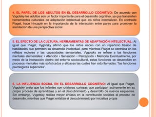 4. EL PAPEL DE LOS ADULTOS EN EL DESARROLLO COGNITIVO: De acuerdo con
Vygotsky los adultos son un factor importante para el desarrollo cognitivo, ya que transmiten
herramientas culturales de adaptación intelectual que los niños internalizan. En contraste
Piaget, hace hincapié en la importancia de la interacción entre pares para promover la
asimilación de una perspectiva social
5. EL EFECTO DE LA CULTURA, HERRAMIENTAS DE ADAPTACIÓN INTELECTUAL: Al
igual que Piaget, Vygotsky afirmó que los niños nacen con un repertorio básico de
habilidades que permiten su desarrollo intelectual, pero mientras Piaget se centraba en los
reflejos motores y las capacidades sensoriales, Vygotsky se refiere a las funciones
mentales elementales: • Atención • Sensación • Percepción • Memoria Eventualmente, por
medo de la interacción dentro del entorno sociocultural, éstas funciones se desarrollan en
procesos mentales más sofisticados y eficaces las cuales han sido llamadas: “las funciones
psicológicas superiores”.
6. LA INFLUENCIA SOCIAL EN EL DESARROLLO COGNITIVO: Al igual que Piaget,
Vygotsky creía que los infantes son criaturas curiosas que participan activamente en su
propio proceso de aprendizaje y en el descubrimiento y desarrollo de nuevos esquemas.
Sin embargo, Vygotsky realiza mayor énfasis en la contribución sociales al proceso de
desarrollo, mientras que Piaget enfatizó el descubrimiento por iniciativa propia
 