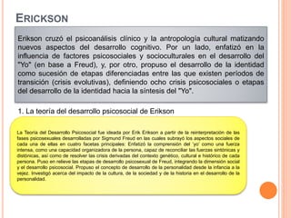 ERICKSON
Erikson cruzó el psicoanálisis clínico y la antropología cultural matizando
nuevos aspectos del desarrollo cognitivo. Por un lado, enfatizó en la
influencia de factores psicosociales y socioculturales en el desarrollo del
"Yo" (en base a Freud), y, por otro, propuso el desarrollo de la identidad
como sucesión de etapas diferenciadas entre las que existen períodos de
transición (crisis evolutivas), definiendo ocho crisis psicosociales o etapas
del desarrollo de la identidad hacia la síntesis del "Yo".
1. La teoría del desarrollo psicosocial de Erikson
La Teoría del Desarrollo Psicosocial fue ideada por Erik Erikson a partir de la reinterpretación de las
fases psicosexuales desarrolladas por Sigmund Freud en las cuales subrayó los aspectos sociales de
cada una de ellas en cuatro facetas principales: Enfatizó la comprensión del ‘yo’ como una fuerza
intensa, como una capacidad organizadora de la persona, capaz de reconciliar las fuerzas sintónicas y
distónicas, así como de resolver las crisis derivadas del contexto genético, cultural e histórico de cada
persona. Puso en relieve las etapas de desarrollo psicosexual de Freud, integrando la dimensión social
y el desarrollo psicosocial. Propuso el concepto de desarrollo de la personalidad desde la infancia a la
vejez. Investigó acerca del impacto de la cultura, de la sociedad y de la historia en el desarrollo de la
personalidad.
 