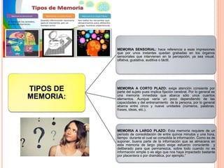 TIPOS DE
MEMORIA:
MEMORIA SENSORIAL: hace referencia a esas impresiones
que por unos instantes quedan grabadas en los órganos
sensoriales que intervienen en la percepción, ya sea visual,
olfativa, gustativa, auditiva o táctil.
MEMORIA A CORTO PLAZO: exige atención consiente por
parte del sujeto pues implica fijación cerebral. Por lo general es
una memoria inmediata que abarca sólo unos cuantos
elementos. Aunque varía un poco dependiendo de las
capacidades y del entrenamiento de la persona, por lo general
abarca entre cinco y nueve unidades (números, palabras,
frases, ideas, etc.).
MEMORIA A LARGO PLAZO: Esta memoria requiere de un
período de consolidación de entre quince minutos y una hora,
tiempo durante el cual se consolida la información. Como es de
suponer, buena parte de la información que se almacena en
esta memoria de largo plazo exige esfuerzo consciente y
deliberado para que permanezca, sobre todo cuando no es
información simple o es algo que nos haya impactado bastante
por placentera o por dramática, por ejemplo.”
 