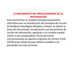 EL MOVIMIENTO DEL PROCESAMIENTO DE LA
                      INFORMACIÓN
Este movimiento es también llamado movimiento
cibernético por su introducción del concepto de circuito
de feedback teleológico (dirigido a metas). Se dedicó al
tema del almacenaje, recuperación y procesamiento de
los bits de información, apelando a un modelo mental
similar a una computadora. Particularmente
mencionaremos los aportes originales de Helmar Frank
(1976) quien desde Europa adhiere también a los
postulados de esta corriente.
 