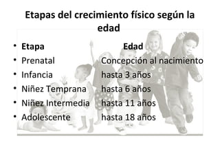 Etapas del crecimiento físico según la
edad
• Etapa Edad
• Prenatal Concepción al nacimiento
• Infancia hasta 3 años
• Niñez Temprana hasta 6 años
• Niñez Intermedia hasta 11 años
• Adolescente hasta 18 años
 