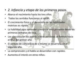 • 2. Infancia y etapa de los primeros pasos.
• Abarca el nacimiento hasta los tres años.
• Todos los sentidos funcionan al nacer.
• El crecimiento físico y el desarrollo de las habilidades
motrices es rápido.
• La habilidad para aprender y recordar está presente desde las
primeras semanas de vida.
• Los vínculos con los padres y otras personas se forman hacia
el final del primer año.
• El sentido de conciencia de sí mismo se desarrolla en el
segundo año.
• La comprensión y el habla se desarrollan con rapidez.
• Aumenta el interés en otros niños.
 