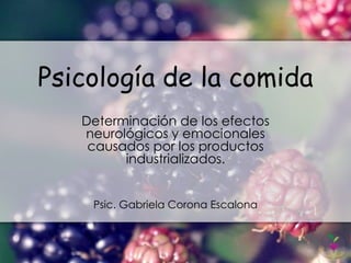 Psicología de la comida
   Determinación de los efectos
   neurológicos y emocionales
    causados por los productos
         industrializados.


    Psic. Gabriela Corona Escalona
 