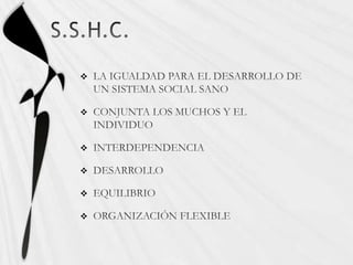 S.S.H.C.LA IGUALDAD PARA EL DESARROLLO DE UN SISTEMA SOCIAL SANOCONJUNTA LOS MUCHOS Y EL INDIVIDUOINTERDEPENDENCIA DESARROLLOEQUILIBRIOORGANIZACIÓN FLEXIBLE
