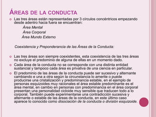 ÁREAS DE LA CONDUCTA
 Las tres áreas están representadas por 3 círculos concéntricos empezando
desde adentro hacia fuera se encuentran:
Área Mental
Área Corporal
Área Mundo Externo
Coexistencia y Preponderancia de las Áreas de la Conducta:
 Las tres áreas son siempre coexistentes, esta coexistencia de las tres áreas
no excluye el predominio de alguna de ellas en un momento dado.
 Cada área de la conducta no se corresponde con una distinta entidad
sustancial y tampoco cada área es privativa de una ciencia en particular.
 El predominio de las áreas de la conducta puede ser sucesivo y alternante
cambiando e una a otra según la circunstancia lo amerite o puede
producirse una cristalización y predominancia estable, en el ejemplo de
personas esquizoides muy racionales el área estable predominante es el
área mental, en cambio en personas con predominancia en el área corporal
presentan una personalidad cicloide muy sensible que traducen todo a lo
corporal. También puede experimentarse una contradicción sucesiva y
alternante o estable de las áreas de la conducta, en este último caso
aparece lo conocido como disociación de la conducta o división esquizoide.
 
