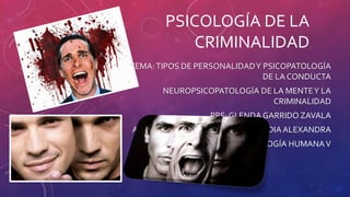 PSICOLOGÍA DE LA
CRIMINALIDAD
TEMA:TIPOS DE PERSONALIDADY PSICOPATOLOGÍA
DE LA CONDUCTA
NEUROPSICOPATOLOGÍA DE LA MENTEY LA
CRIMINALIDAD
PRF: GLENDA GARRIDO ZAVALA
ALUMNA: GOMEZ MENDOZA, CLAUDIA ALEXANDRA
PSICOLOGÍA HUMANAV
 
